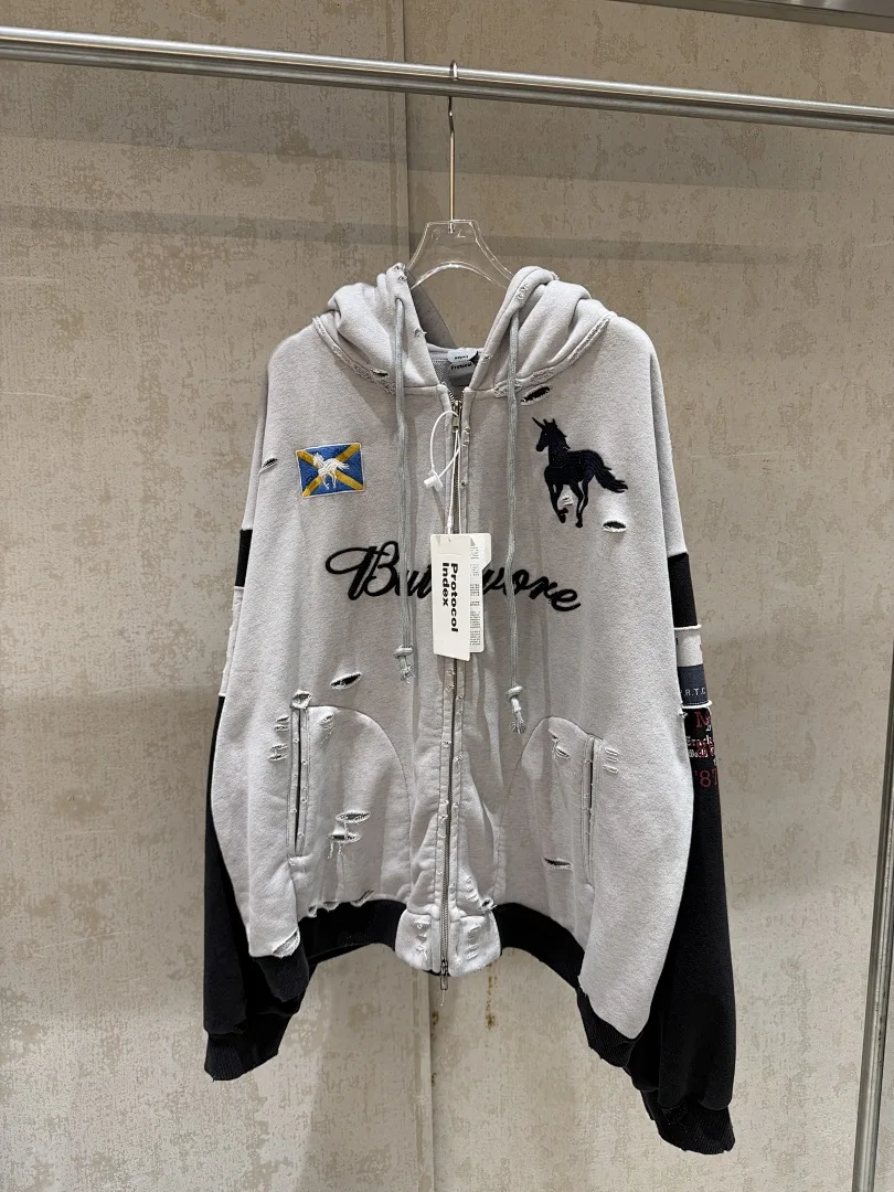 

2026 Heavy-made Horse Embroidered Slogan Distressed Spliced Zip-up Women Men Hooded Sweatshirt Hoodies jacket