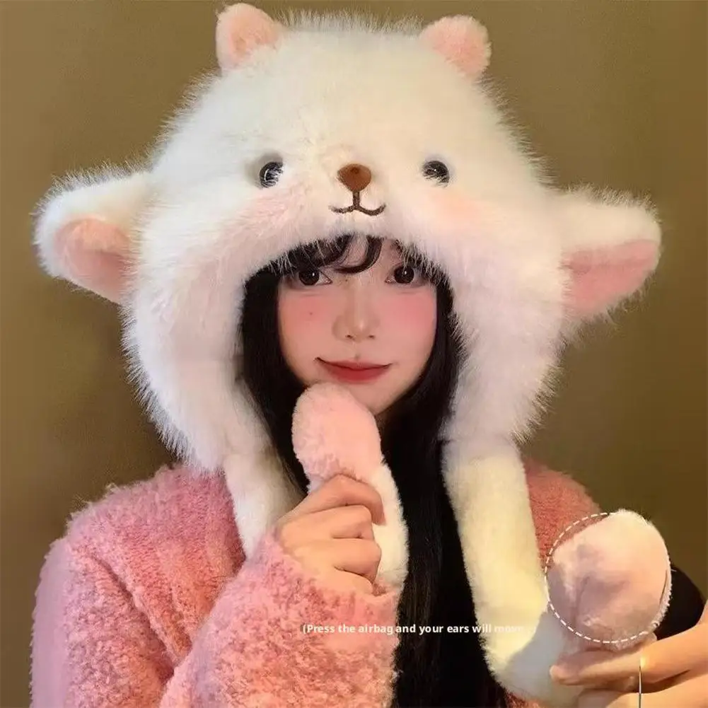 Fluffy Plush Ear Moving Jumping Hat, Cute Cartoon Anime Sheep Jumping Ear Beanie Hats for Women Girls Thickened Earflap Snow Hat
