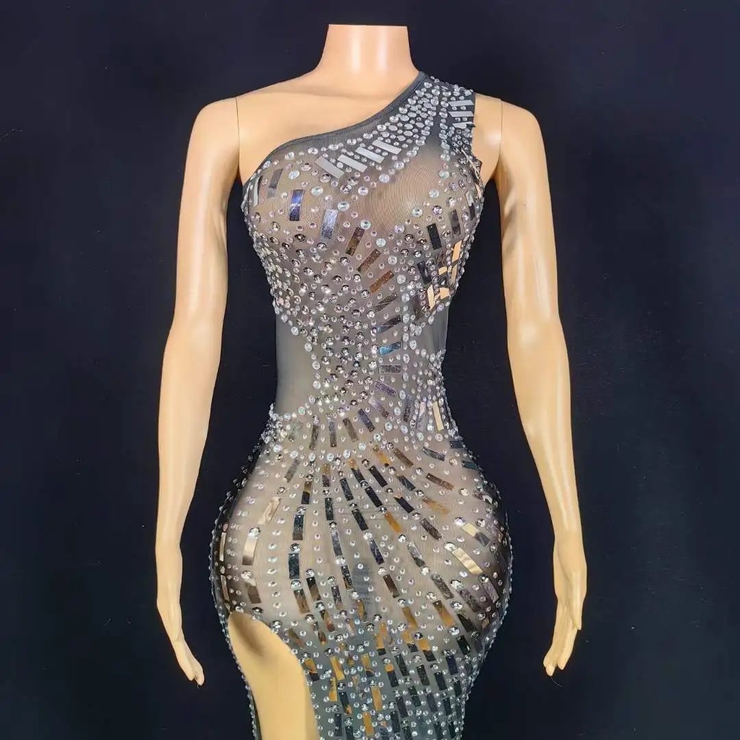 Luxury Sequins Rhinestone Long Dress For Women Sleeveless Mesh Sheer Drag Queen Club Night Birthday Party Singer Costume