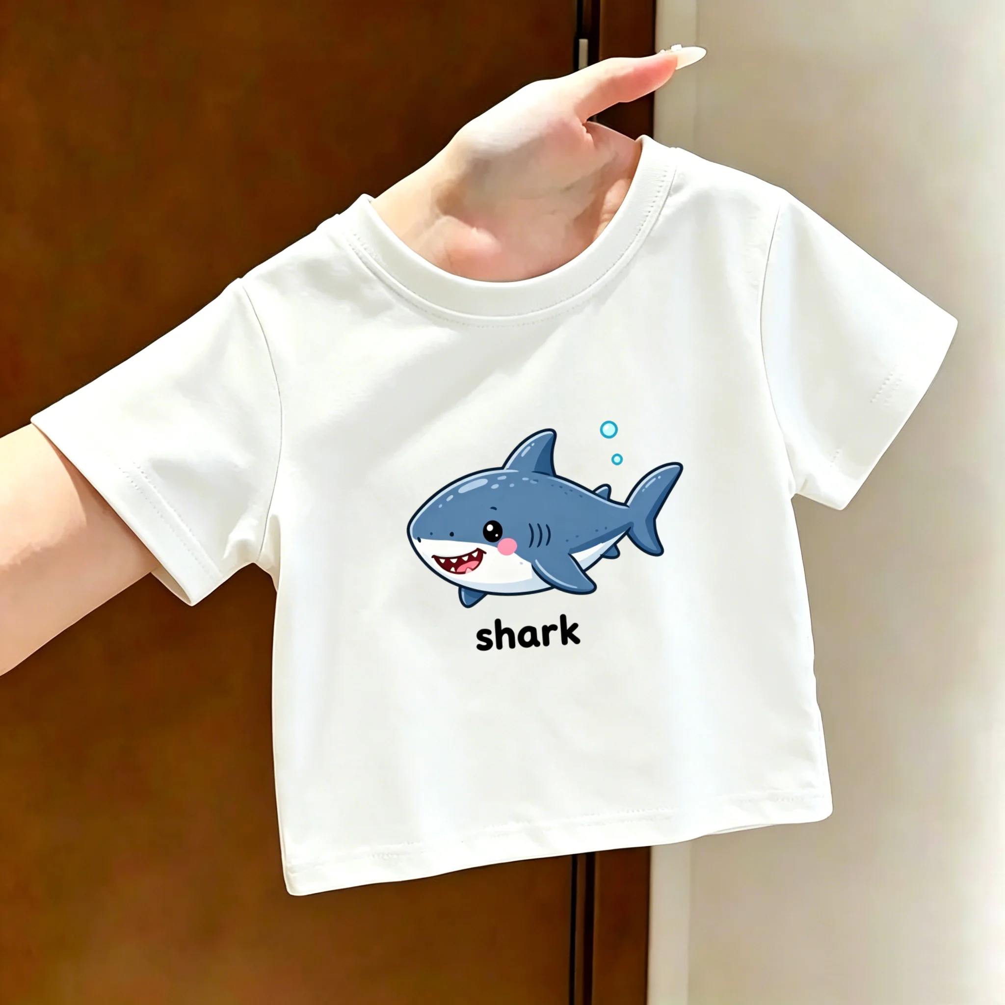 2026 Summer New Style Cotton Short-Sleeved T-Shirt with Cartoon Shark Pattern for Boys and Girls - Casual and Versatile Top