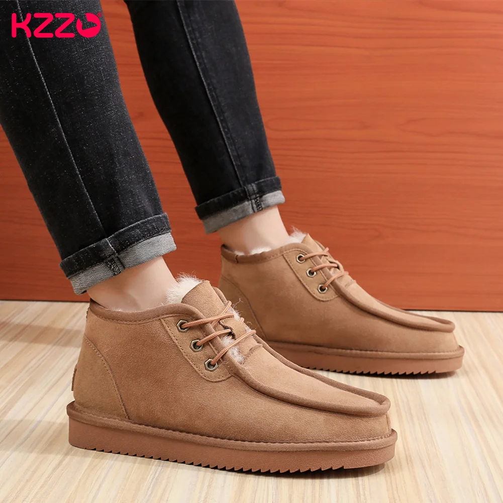 KZZO Men\'s Large Size 37-48 Winter Sheepskin Snow Boots Lace-up Australia Genuine Leather Natural Fur Wool Lined Ankle Warm Shoe