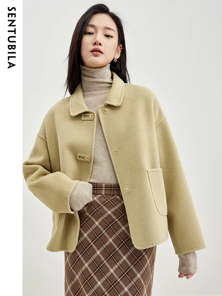 SENTUBILA 100% Wool Winter Coat Women 2024 Casual Loose Double Sided Wool Short Jacket Big Pocket Female Outerwear W34O49736