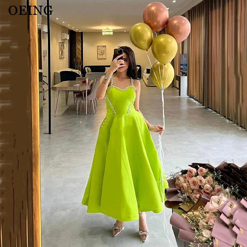 

OEING Light Green Prom Dress Elegant Princess Crystal Straps Pearls Pleated Evening Dresses Formal Occasion Gown Robe De Soiree