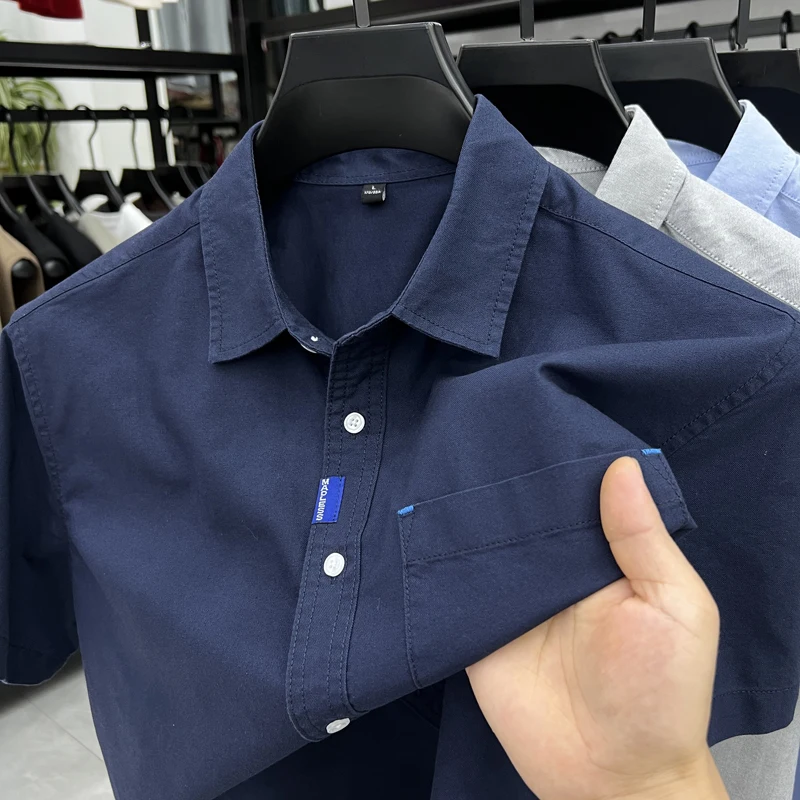 Design Brand Pure 100Cotton Men's Shirt Summer New Lapel Pocket Embroid Short Sleeve Base Shirt Business Fashion Men's Clothing