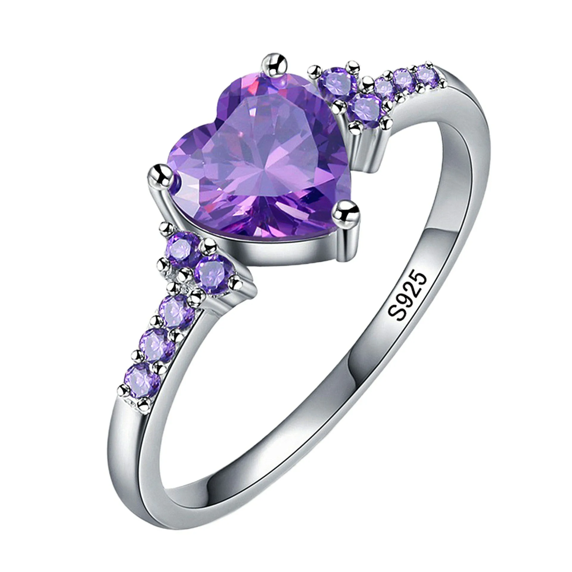 925 Sterling Silver Adjustable Amethyst Zircon Silver Ring Woman Fashion Wedding Heart-Shaped Jewelry Gift