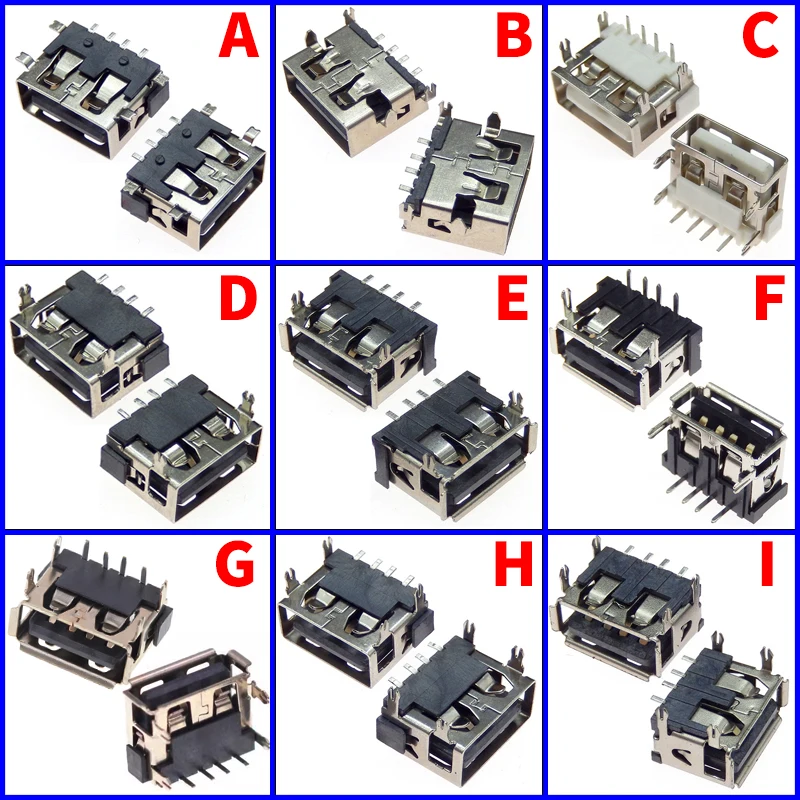 10PCS USB 2.0 Type A female socket AF10.0mm 90 ° 4pin AF 10.0 PCB Mount Socket Connector Flat Edge With/without frame DIP SMT