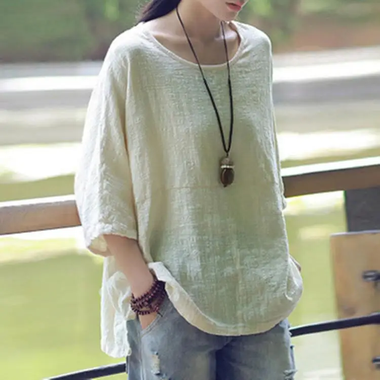 

Large Size Women's Cotton Linen T-irt Top Comfortable Breathable Loose Fit Long Sve Crew Ne Color Commute Sle