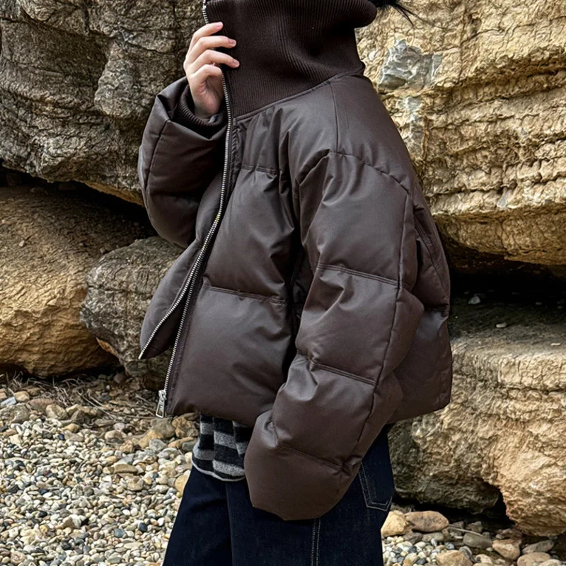 HKSH Winter New Women's Short Down Coat Knitted Large Lapel Patchwork PU Leather Zipper Versatile Casual Ins Warm Jacket HK14431