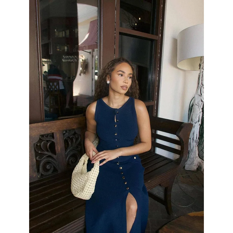 Bonny Abito lungo aderente lavorato a maglia estivo senza maniche o collo da ufficio elegante con tasche finte