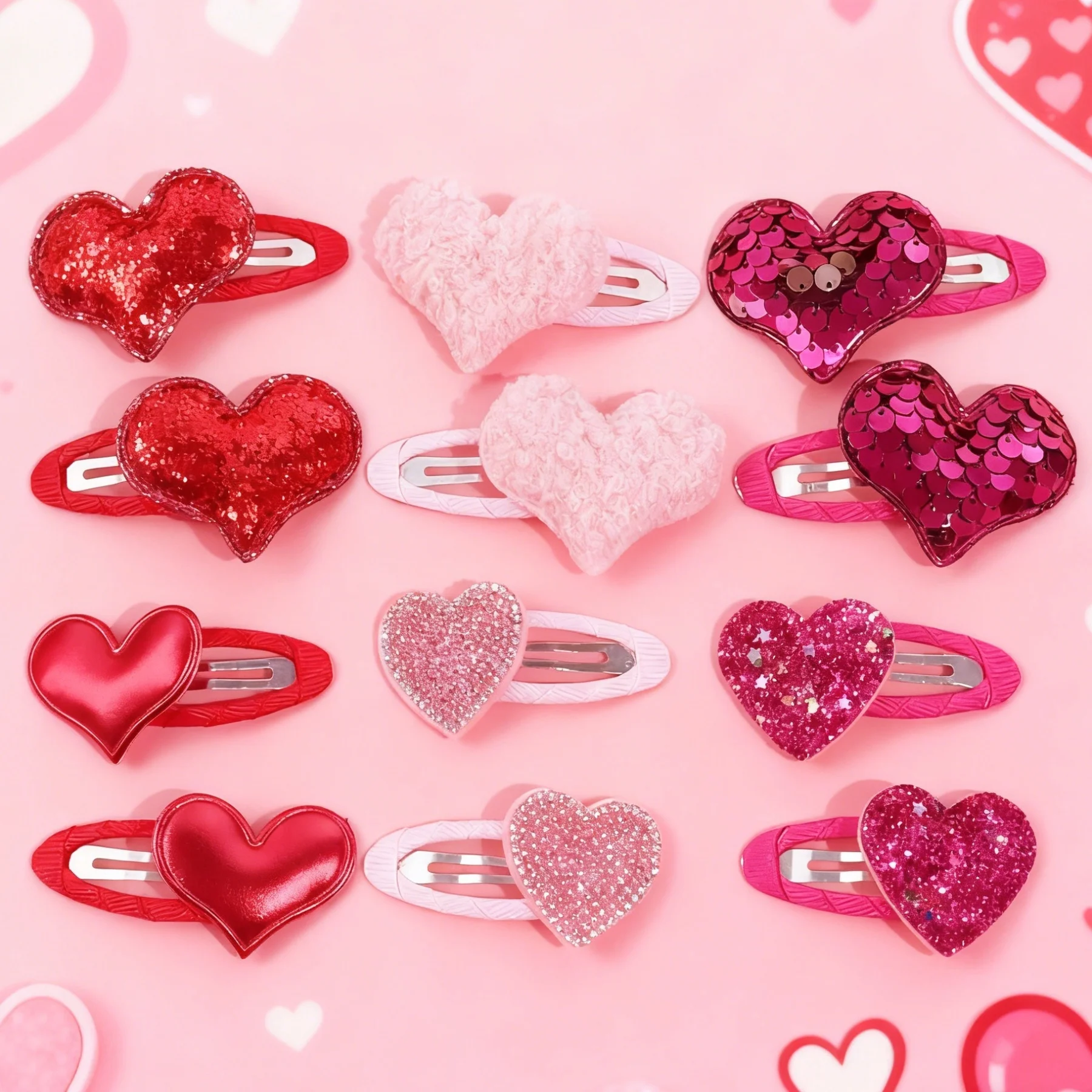 12pcs Valentine's Day Hair Clips Girls Bristal Heart Barrettes Clips Ribbon Snap Heart Hair Clip Kids Girls Hair Accessories view 2