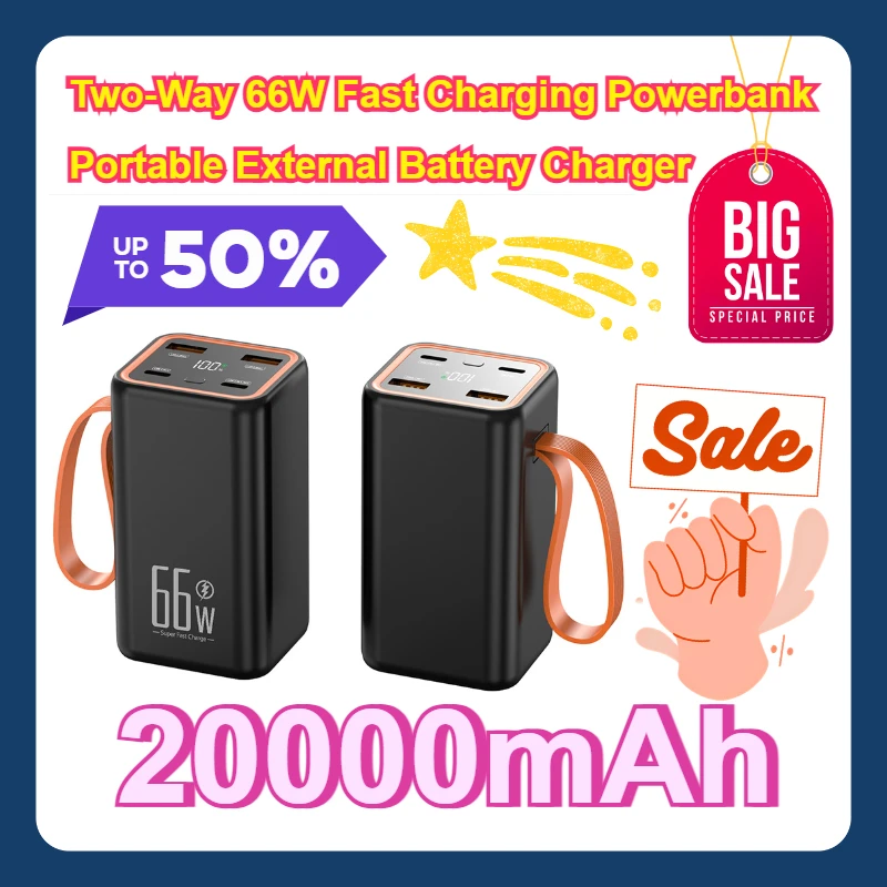 

For IPhone Xiaomi Huawei Mini Power Bank 20000mAh Two-Way 66W Fast Charging Powerbank Portable External Battery Charger