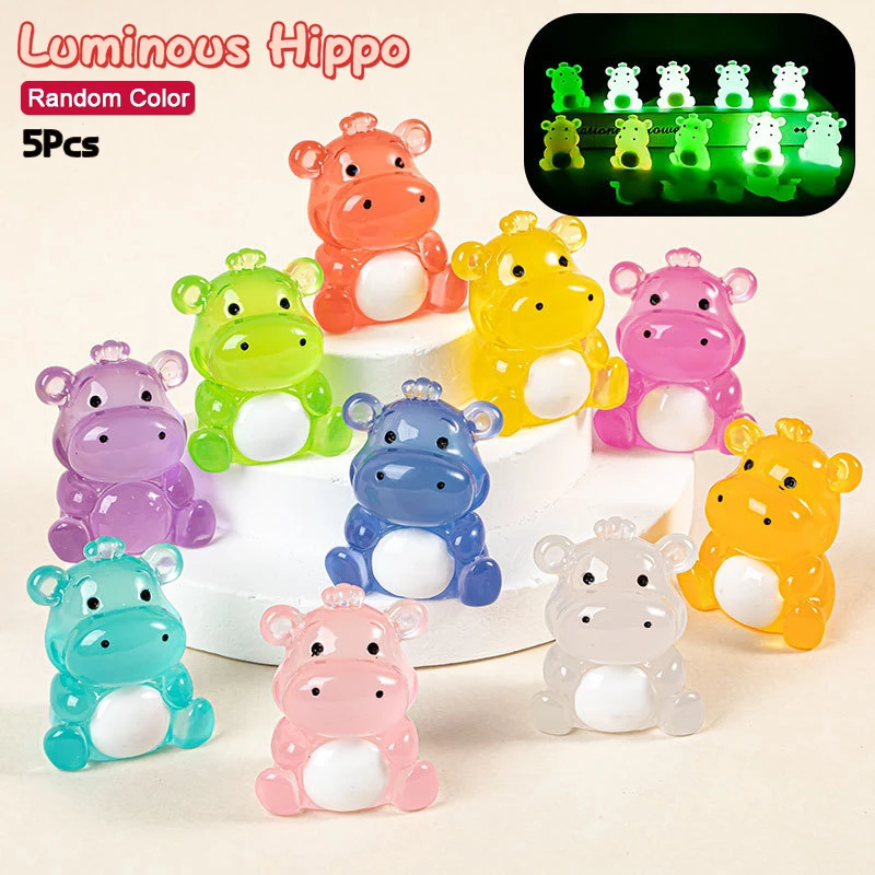 5Pcs Cartoon Luminous Hippo Figurines Ornaments Cute Animal Model Car Ornament Micro Landscape Decoration Home Desktop Decor