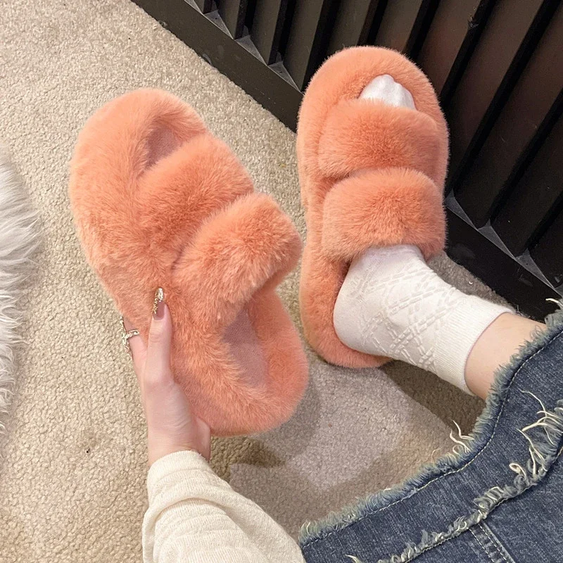 Women's plush slippers with flat bottoms for autumn and winter, new thick soled one line plush cotton slippers