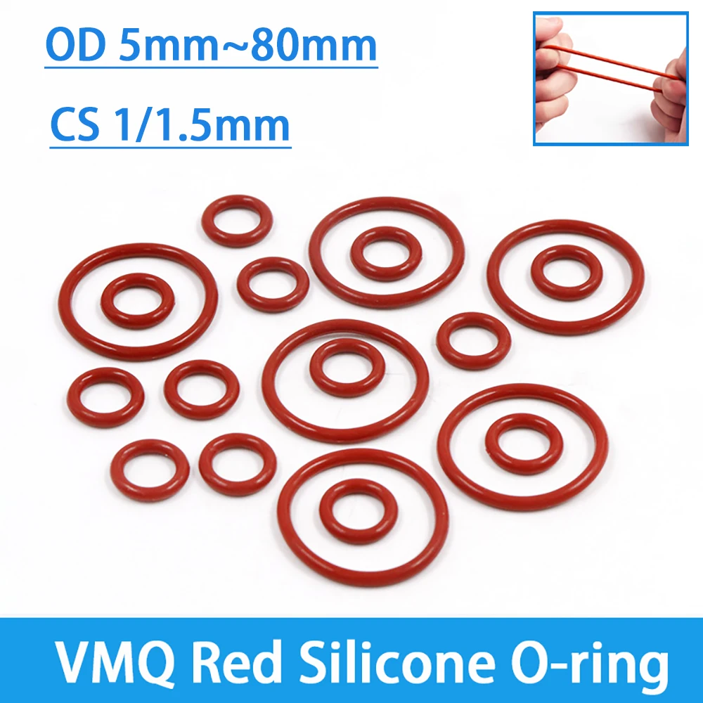 

10-100Pcs VMQ Red Silicone O Ring OD 5mm~80mm CS 1/1.5mm Food Grade Sealing Waterproof Insulated Rubber Silicon o-rings