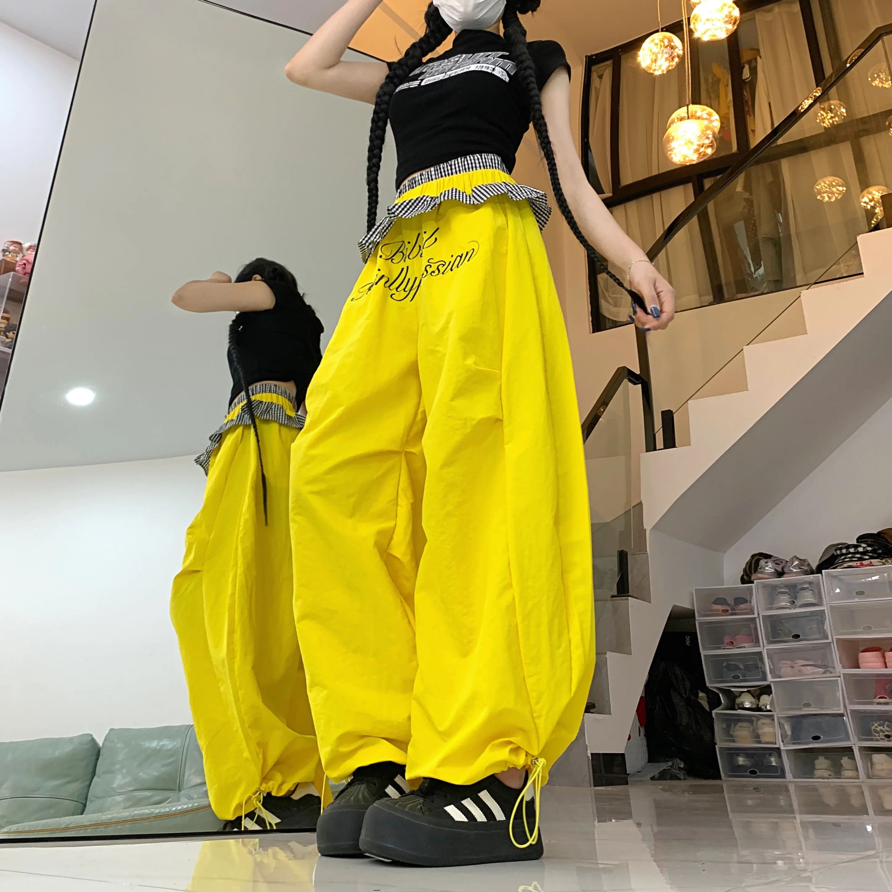 Pendientes de mujer a cuadros amarillos empalmados ​ ​ Pantalones con estampado de letras Moda urbana Y2k American Cintura elástica Nuevos pantalones casuales 2025