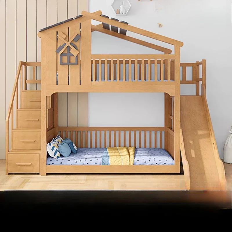 Tree house bed beech children's bed solid wood up and down with slide high and low bunk  boy girl mother combination