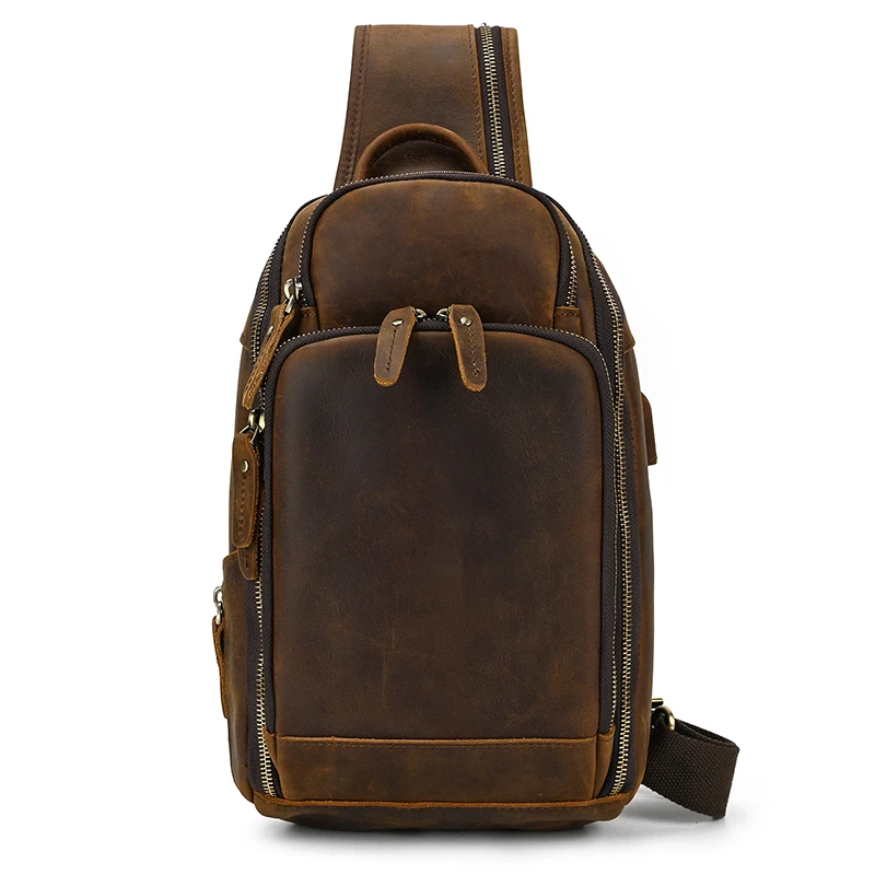 Leather Chest Bag Usb Charging Port Men\'s Cross Body Bag Genuine Leather Chest Pack Single Shoulder Bag For Man Male Vintage