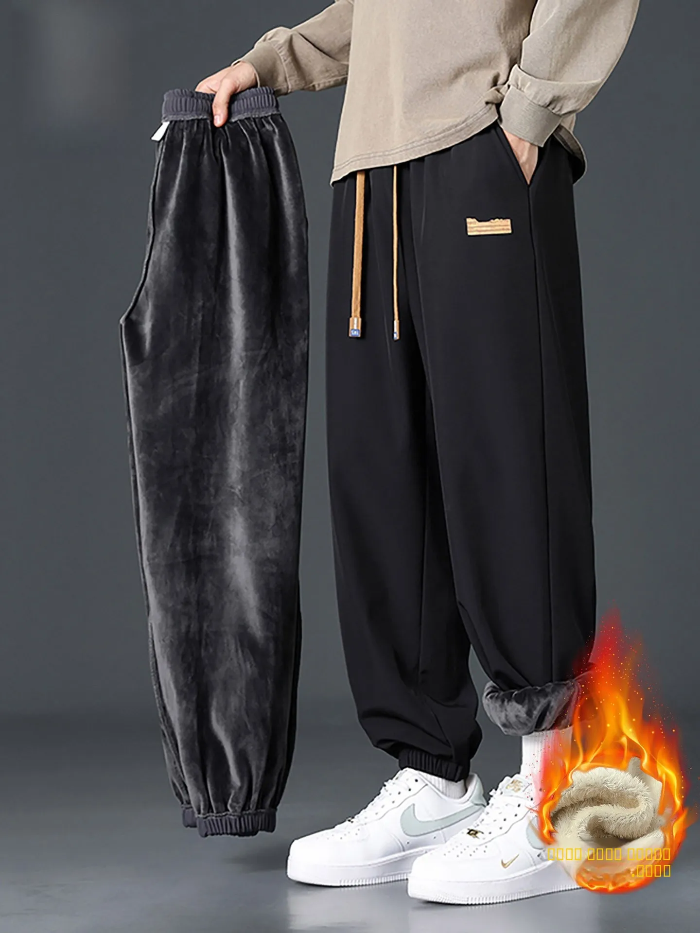 

Thiened Fce Men's Casual Pants Spring New Sle Warm Trousers Loose Fit Dstring Elastic Waist Polyester Fiber