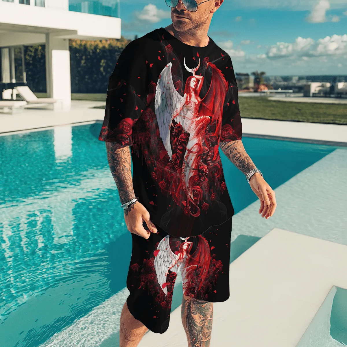 Good And Evil Skull Funny Tattoo 3D All Over Printed Men's Set T-Shirt & Shorts Combo Unisex summer style Casual t shirt LMTZ12