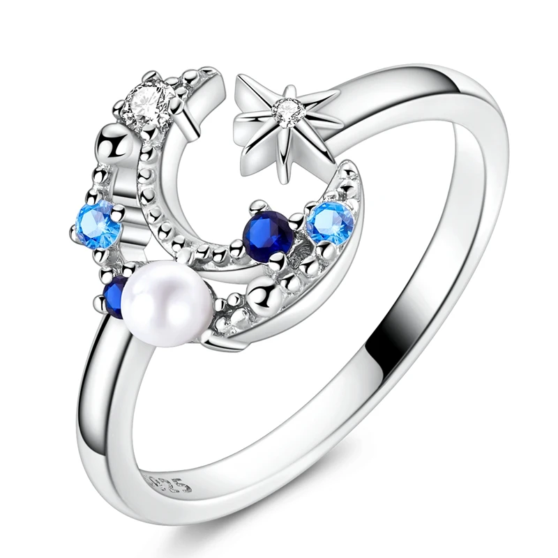 Women's Blue Star Clover Adjustable Ring, 925 Sterling Silver