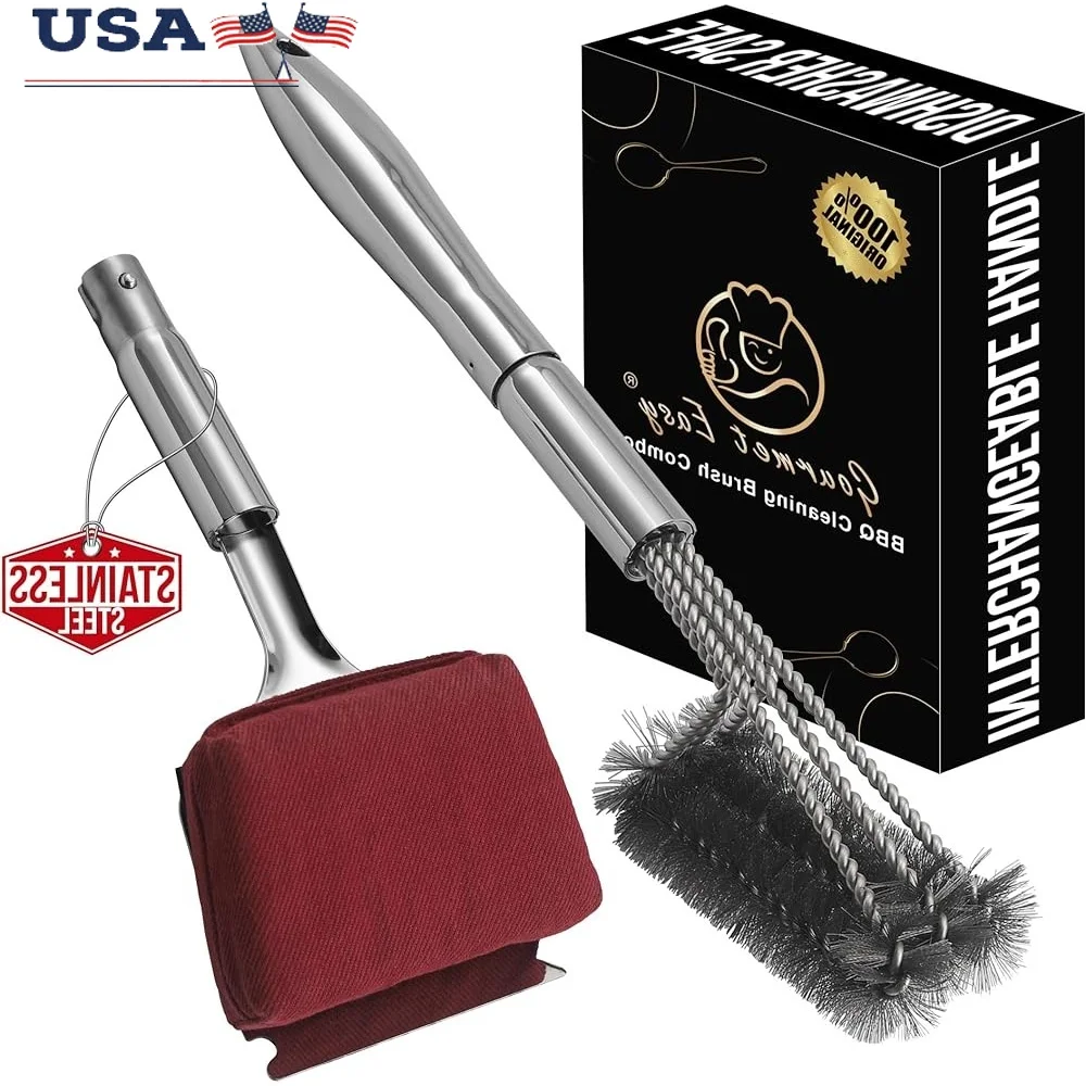 

Stainless Steel Grill Brush Cleaning Kit BBQ Accessories 2-in-1 Interchangeable Brush Heads Scraper Ergonomic Handle Rust