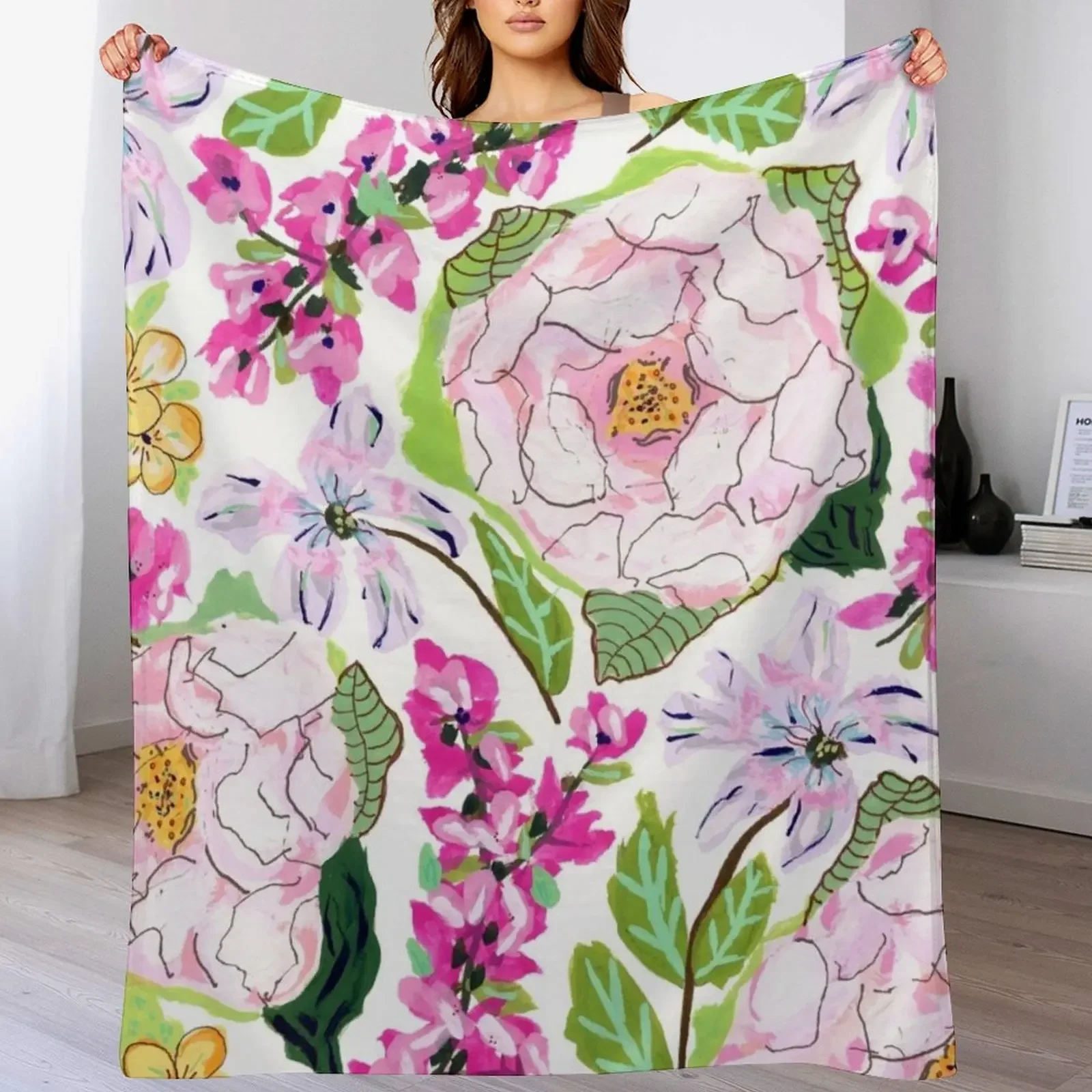 Pink Peony Delight Throw Blanket Plush Fuzzy Cozy Blanket for Couch Sofa