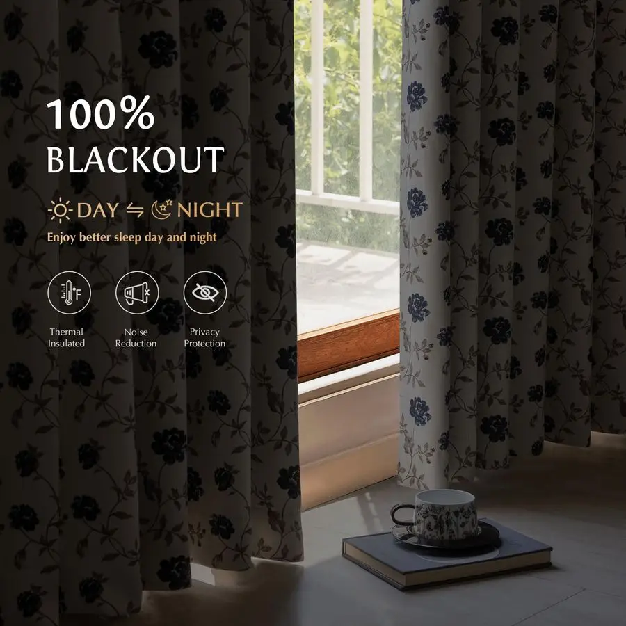 ستائر تعتيم 100 زهرية بطول 84 بوصة 2 لوح لغرفة النوم وغرفة المعيشة أزرق بني على بيج عتيق زهرة الورد منقوشة R