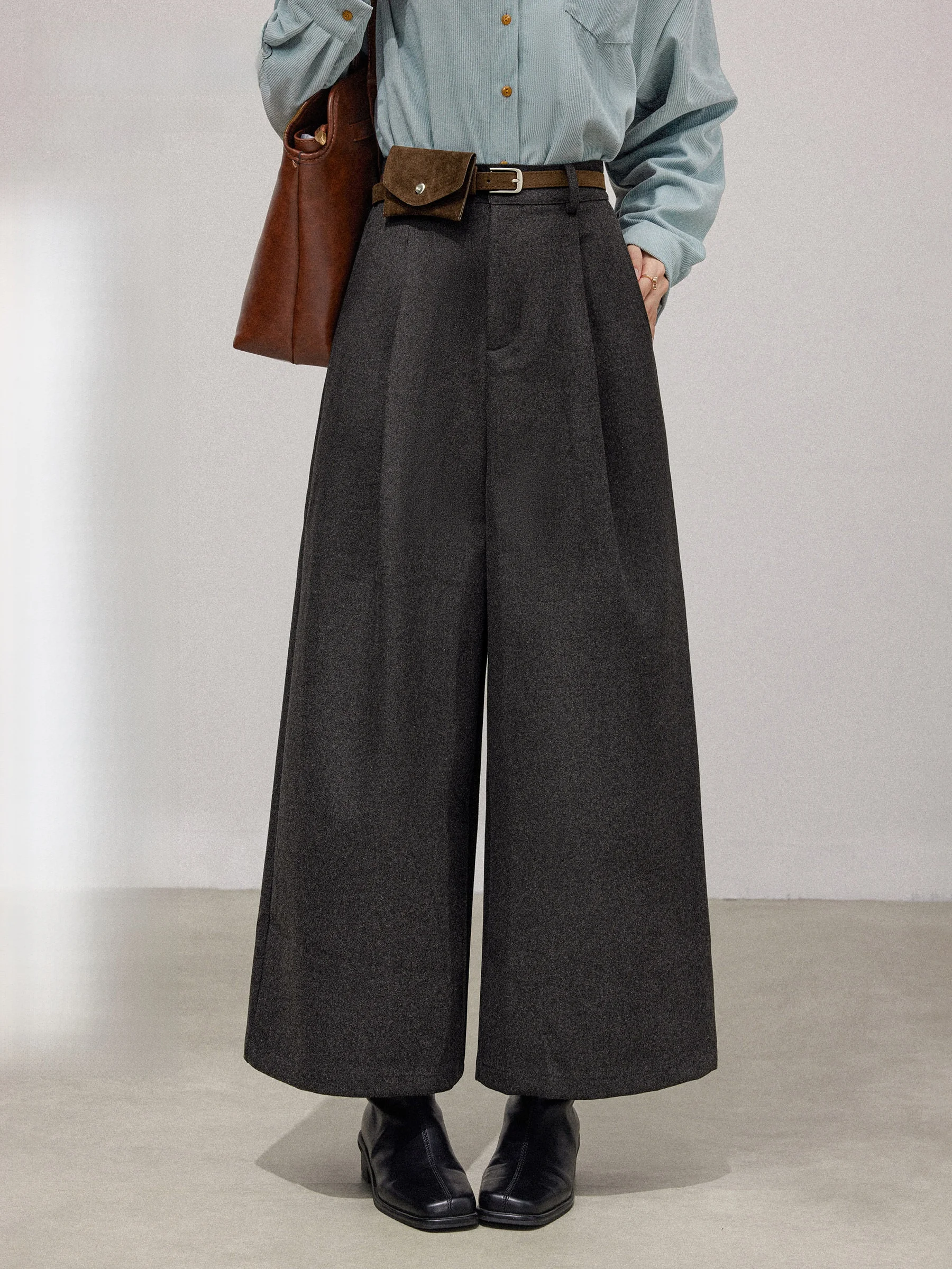 

ay Woolen Pleated Casual Pants High Waist Slimming Loose Wide Leg Women's Autumn Winter New Sle Faionable Straight Leg