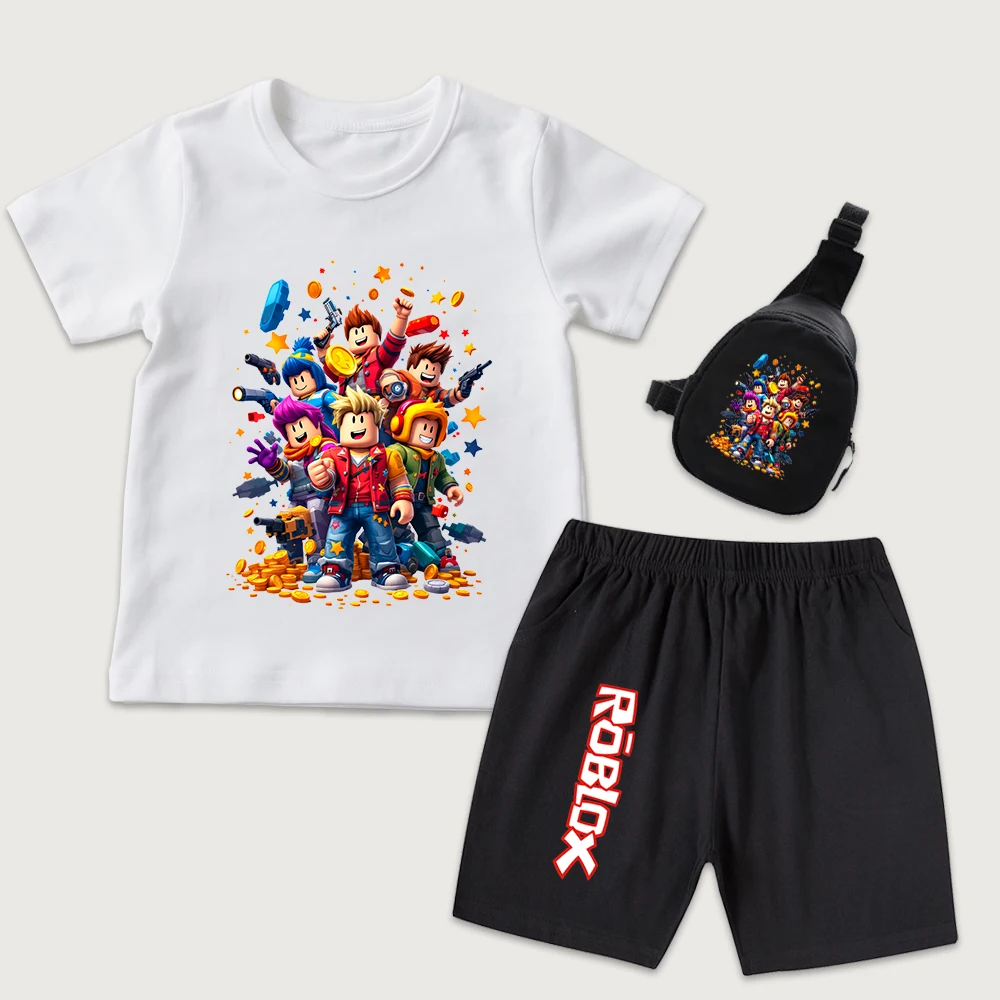 

Roblox Game Character Print Kids Cotton T Shirt Shorts Mini Chest Bag 3 Pcs Set Boys Girls Children Casual Summer Outfit