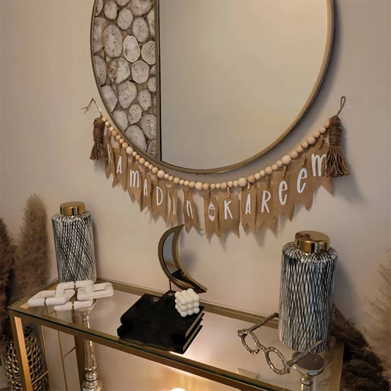 Ramadán Kareem cuentas de madera guirnalda banner Boho musulmán islámico Eid Mubarak rústico hogar pared Mantel chimenea decoración signo regalo