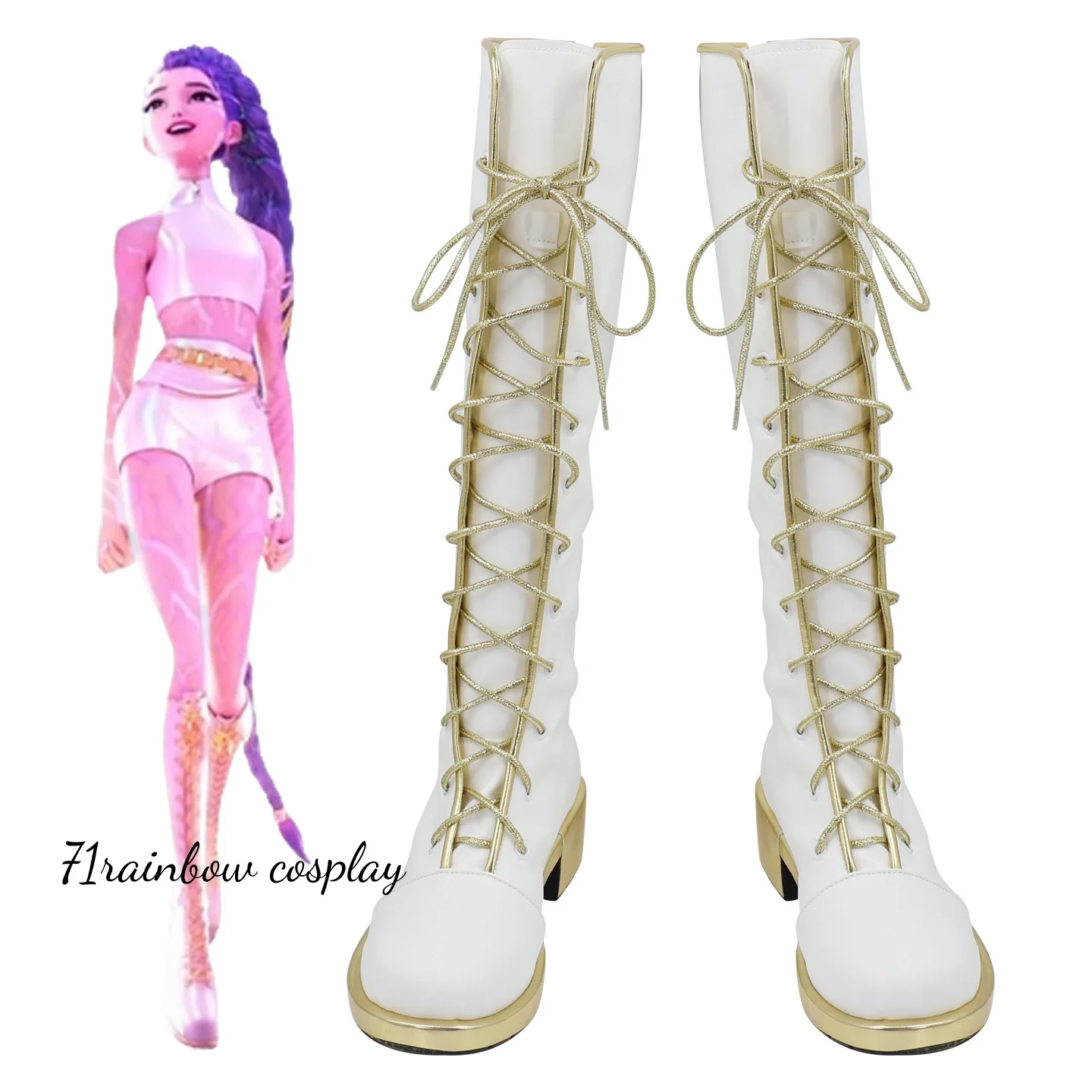 

KPop Demon Hunters Rumi White Golden Cosplay Shoes Anime Rumi Cosplay Boots Shoes