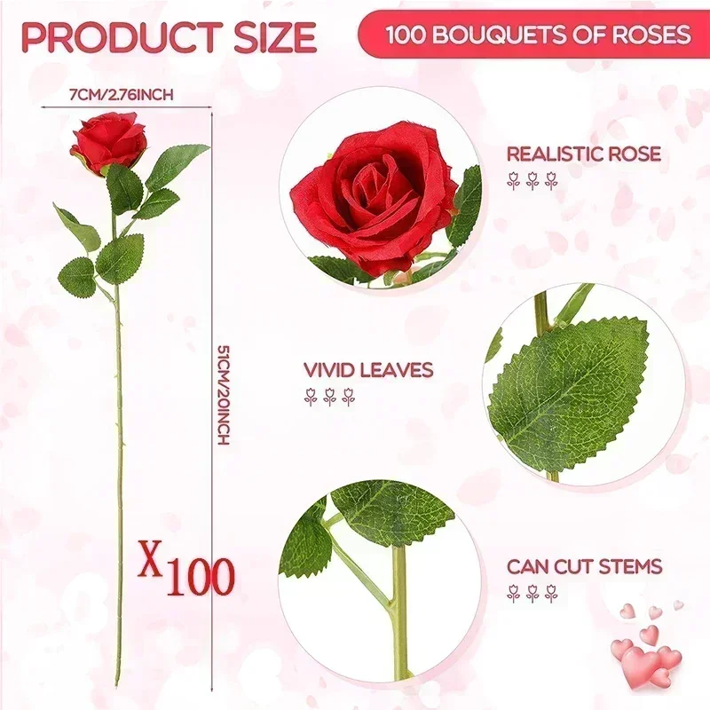 100 Pieces Artificial Roses Flowers Fake Silk Roses Bouquet for Table Centerpiece Vases Wedding Party Decor