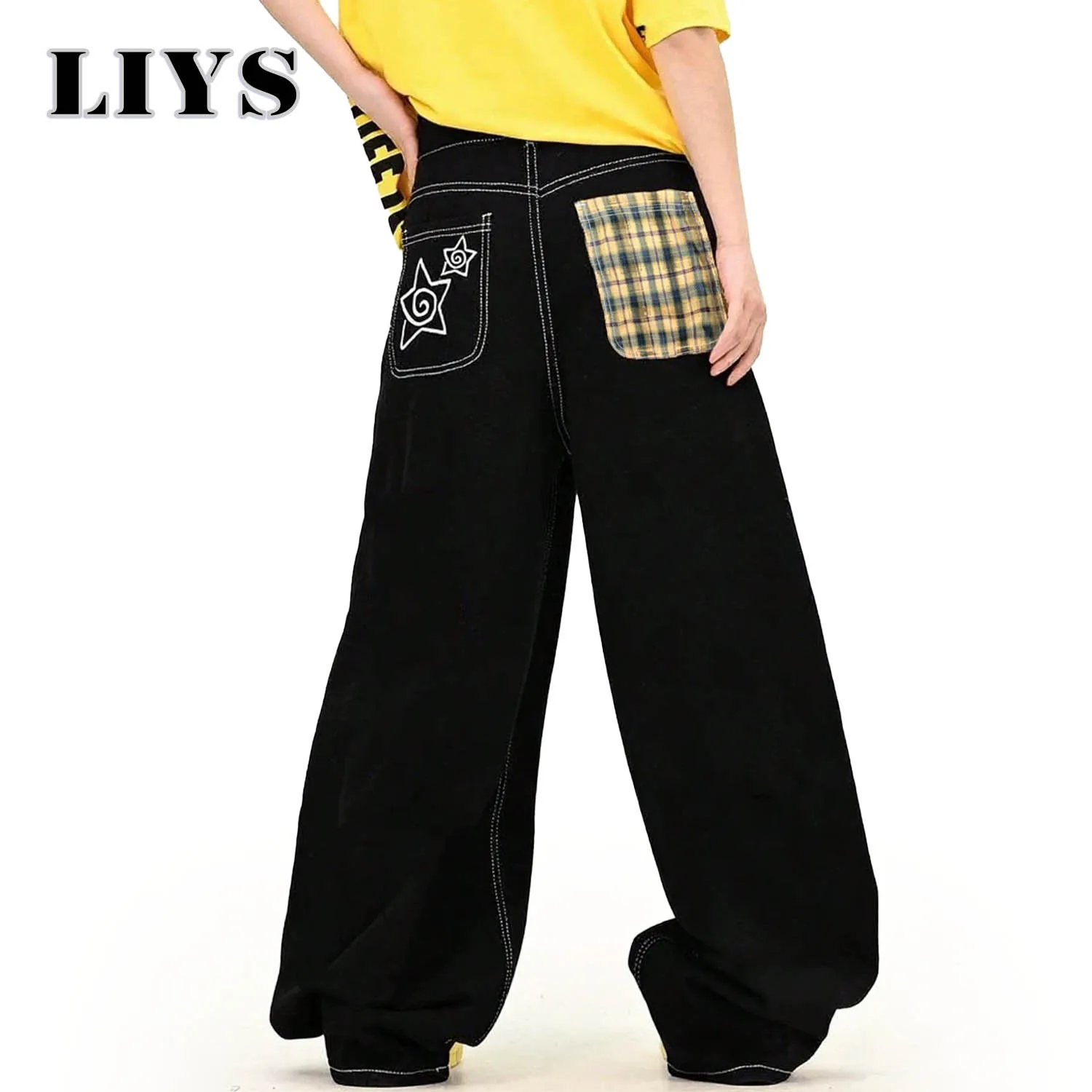 Clássico preto retro bordado solto perna larga jeans feminino xadrez retalhos baggy calças jeans unisex roupas jeans