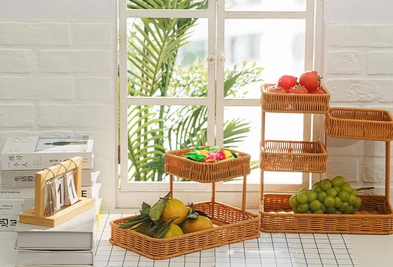 

1pcs Chinese Handmade Rattan Storage Basket Multipurpose Camping BBQ Fruit Food Draining Storage Holder Kitchen Home Decor