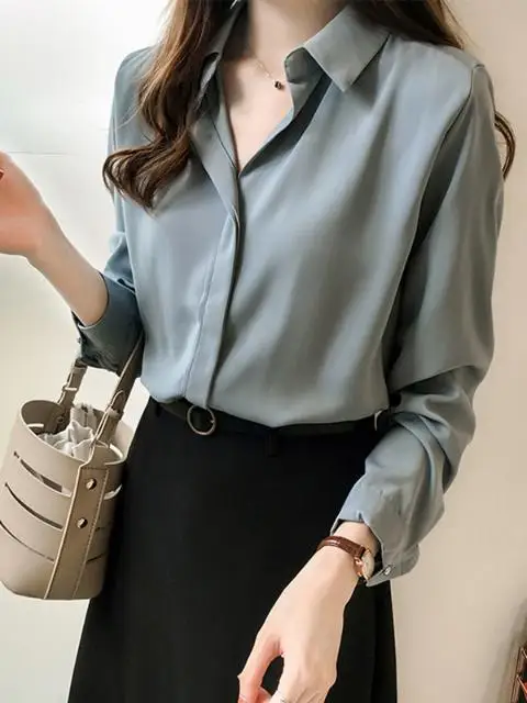 

Women's Chiffon Shirt Loose Fit Cleanfit Waist Design Sense Small Students Polyester Fiber Long Sleeve Collar Winter Shirt