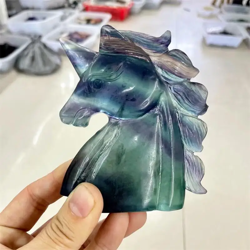 10.5cm Natural Rainbow Fluorite Unicorn Crystal Carving Statue As Gifts Or Used For Decoration Of Domestic Room Gift 1pcs