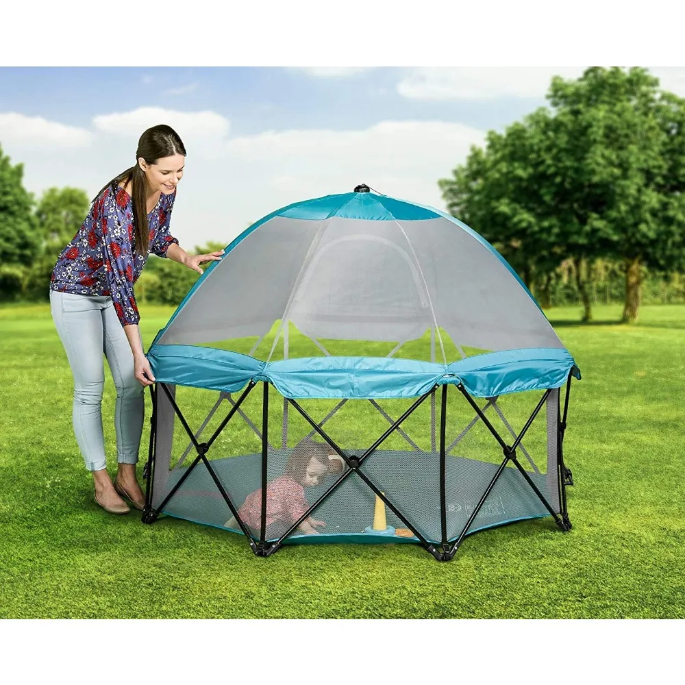 

My Play Deluxe Extra Large Portable Play Yard Indoor and Outdoor Includes a Full Canopy, Teal, 8-Panel