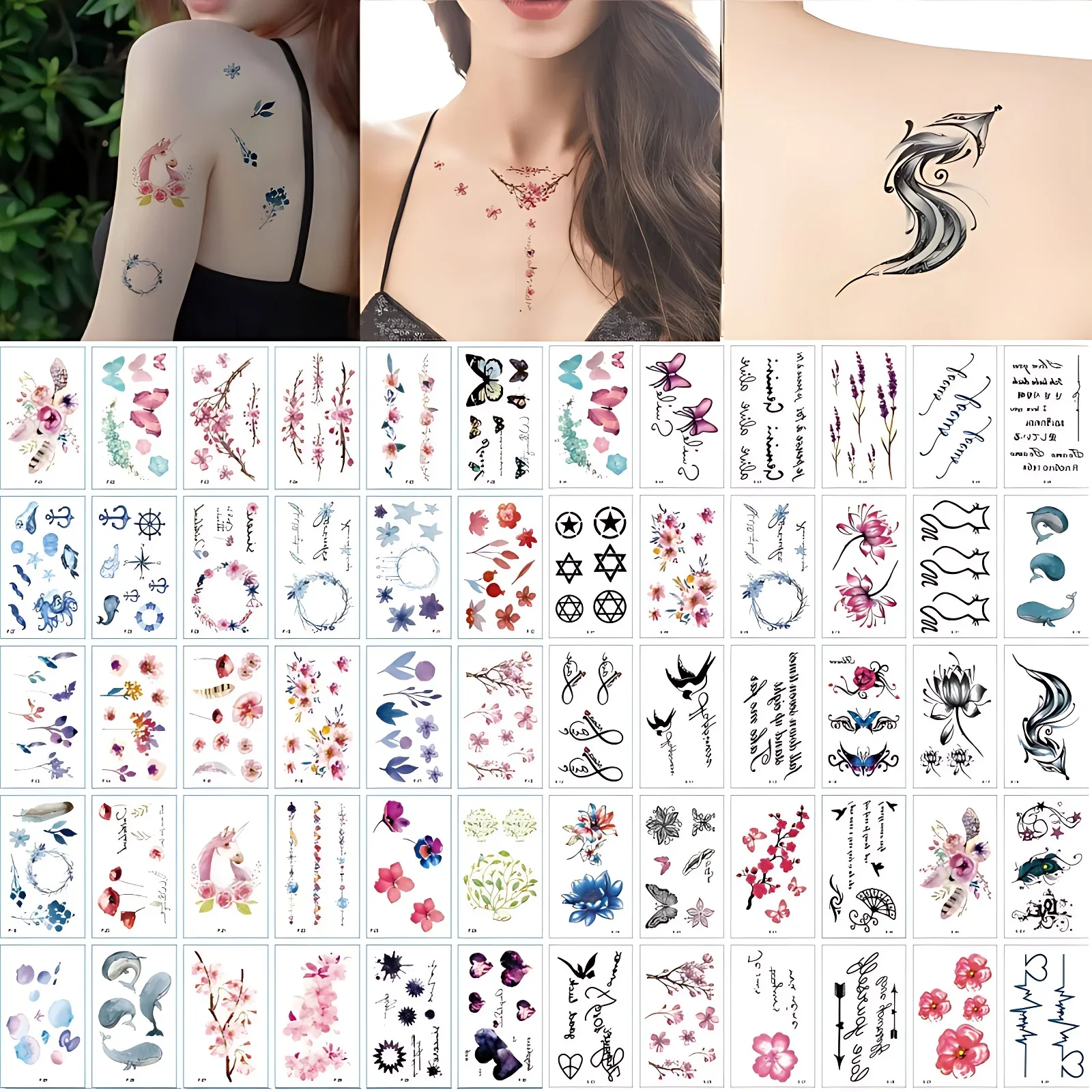 60pcs Aesthetic Girls Transfer Fake Tattoos Small Buttefly Garland Flower Heart Whale Swallow Temporary Tattoo tatuaje temporal