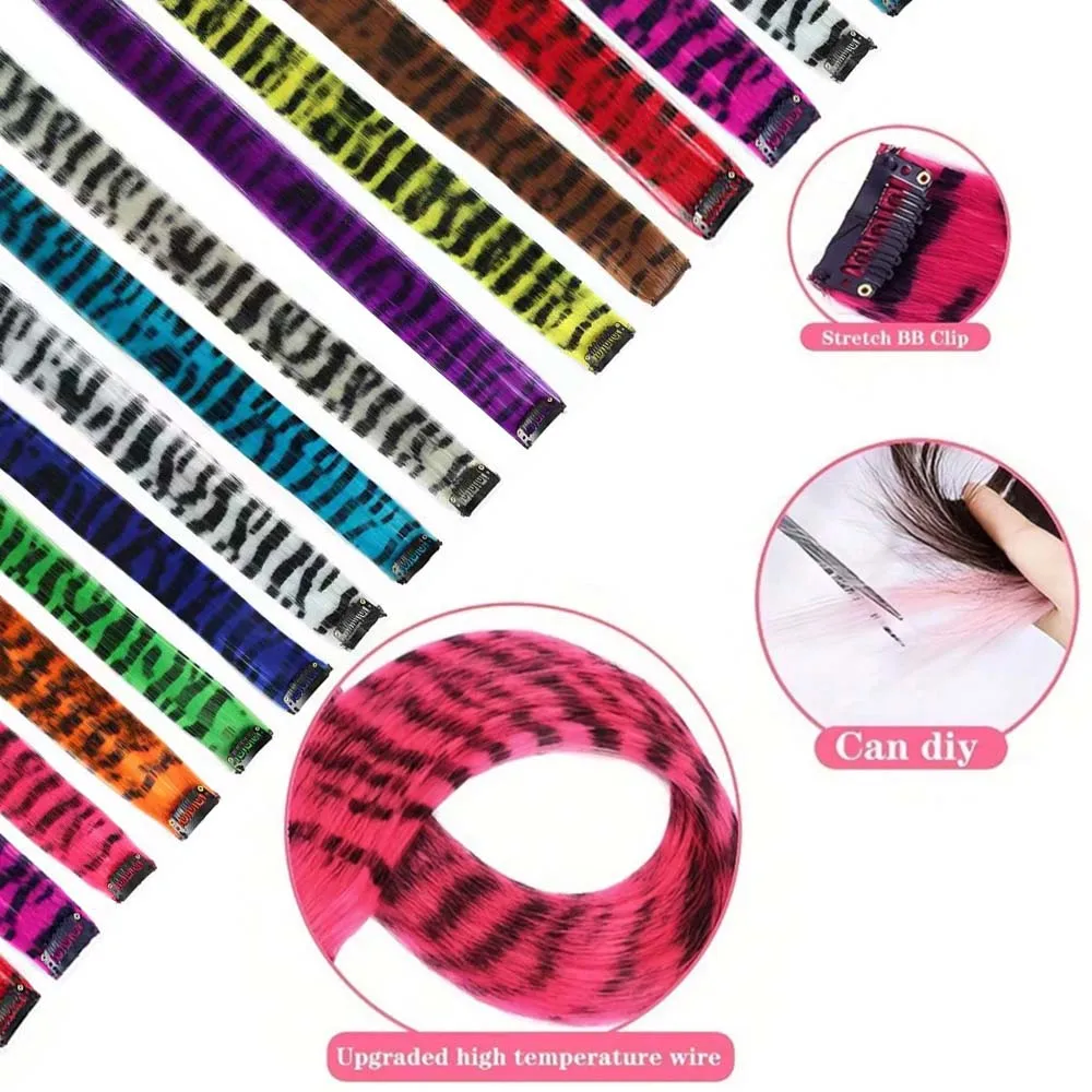 وصلات شعر ريشة ملونة 8 قطع 18 بوصة مشبك شعر مطبوع عليه شريط حيوانات على شكل قوس قزح شعر صناعي للحفلات التنكرية والمهرجانات