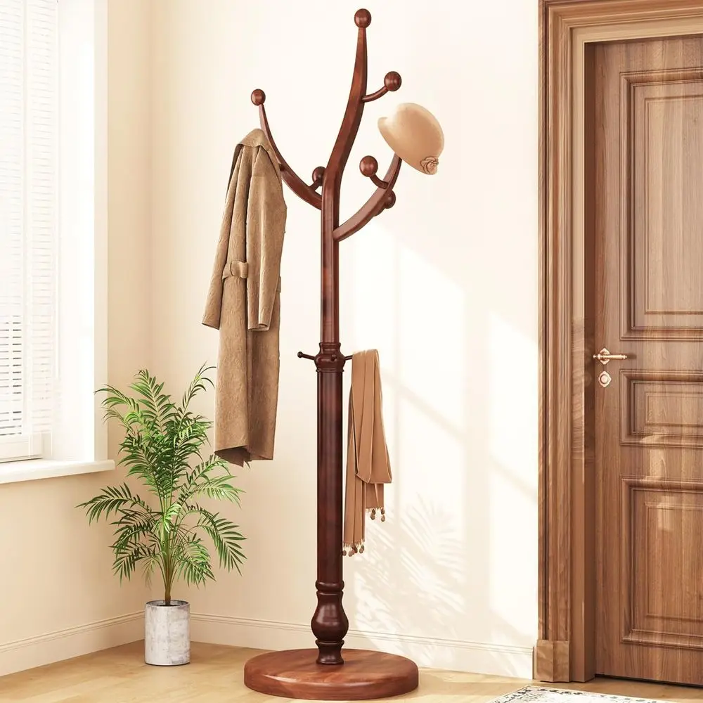 

Elegant Wooden Coat Tree Rack with 11 Hooks, Durable Walnut Stand for Entryway, Hallway, or Bedroom