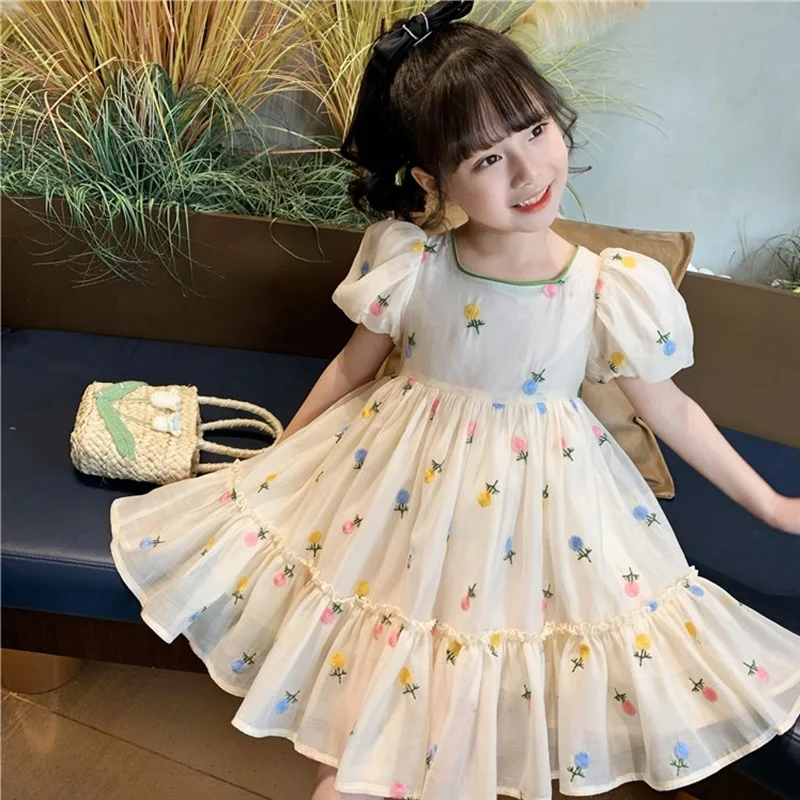 2023 Girls Summer Dress Flowers Embroidery Big Bow Kids Girl Princess Birthday Dresses Children Vestidos Clothes 2-14age