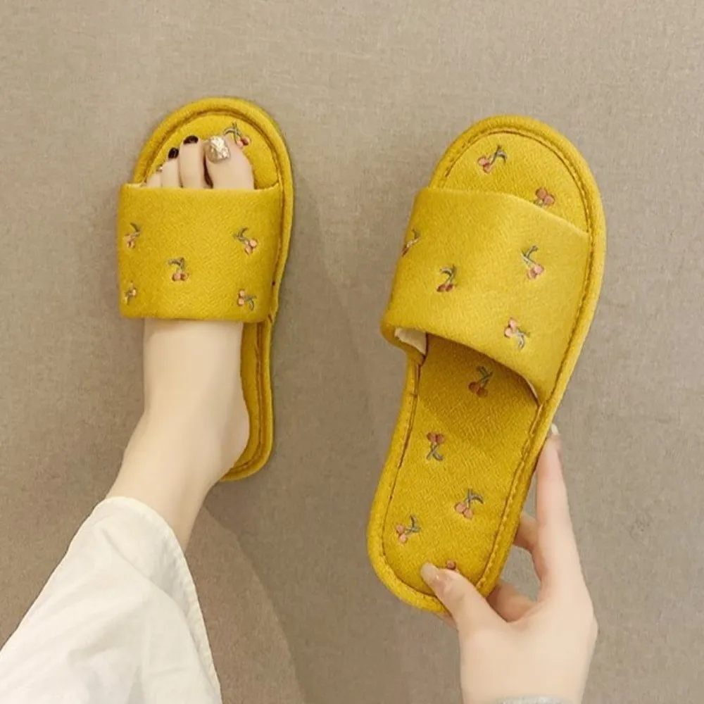 

Хлопковые льняные тапочки с рисунком вишни, тапочки на плоской подошве и платформе с фруктами, вишневые тапочки в стиле вишни, корейские шлепанцы, женские сандалии