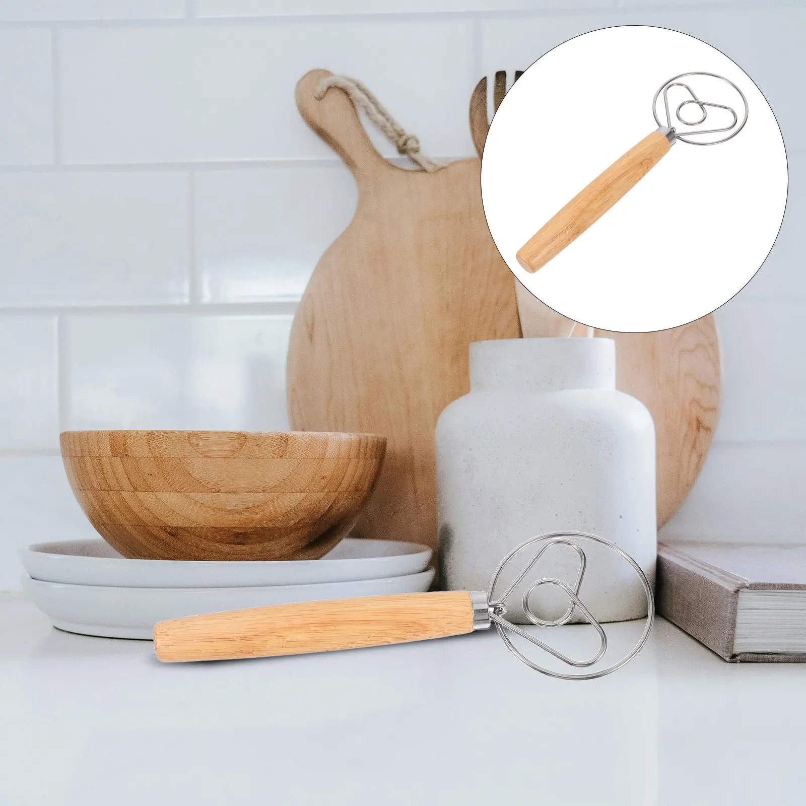 Batidor de acero inoxidable con mango de roble de 10 pulgadas, mezclador de bobina sin costuras, herramienta para mezclar harina de pan, batidor de cocina, herramienta para batir huevos