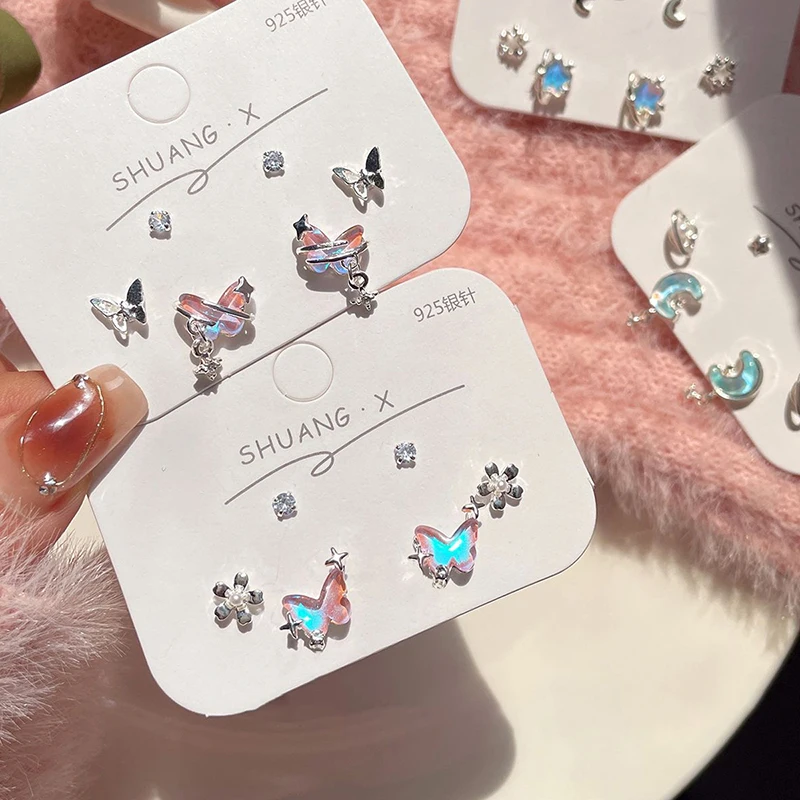 6Pcs/set Women Colorful Crystal Pentagram Star Moon Butterfly Stud Earring Trendy Punk Sweet Cool Earrings Aesthetic Jewelry