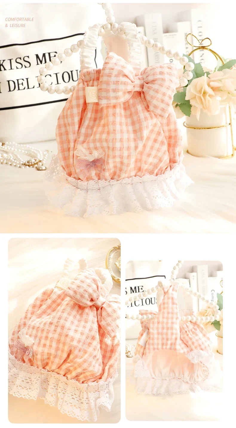 Pet Dog Clothes for Spring & Summer: Thin Cat Princess Dress, Large Butterfly Suspender Plaid Skirt for Small Teddy Dog