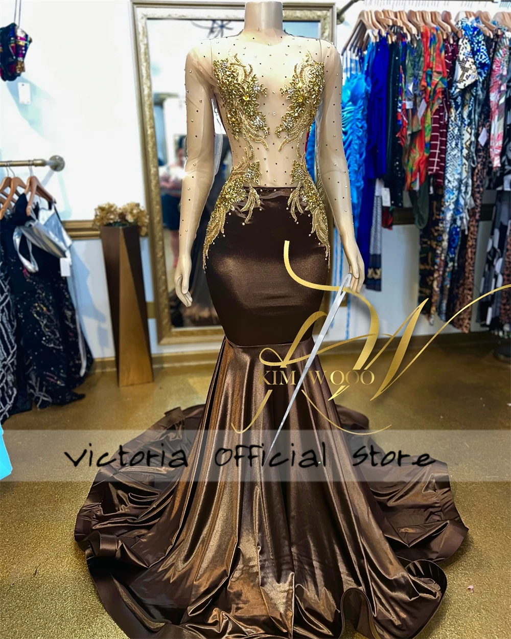 Chocolate Brown Mermaid Birthday Prom Dresses Gold Beaded Rhinestones Long Sleeves Illusion Cocktail Gown Black Girl Customized