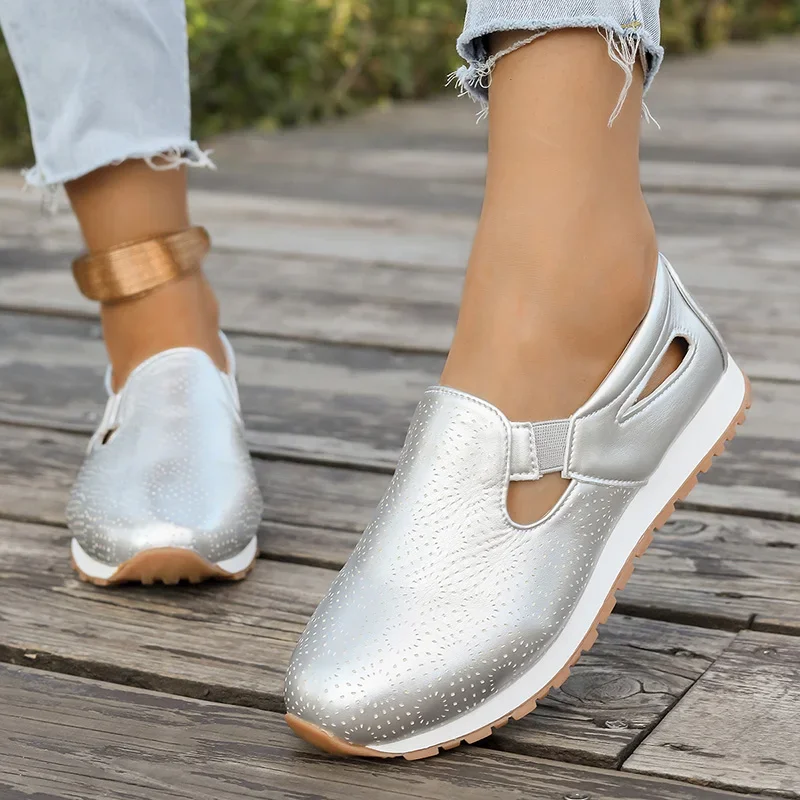 

Plus Size 43 Non Slip Slip On Flat Shoes Woman Comfortable Low Heels Pu Leather Casual Shoes Women Hollow Platform Walking Flats