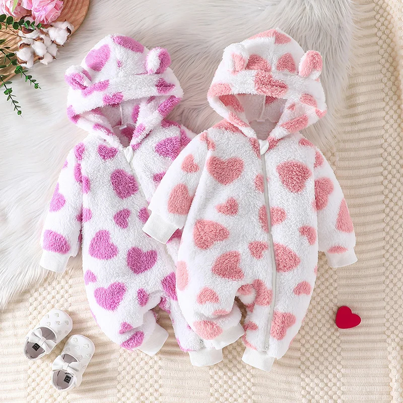 Pudcoco Infant Baby Winter Fuzzy Jumpsuit Heart Print Snowsuit Long Sleeve Hooded Zipper Romper 0-18M