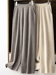 Elegant Pure High Waist Drooping Wide-Leg Pants Women's Outer Wear with Pockets Baggy Straight Trousers Knitted Mop Trousers