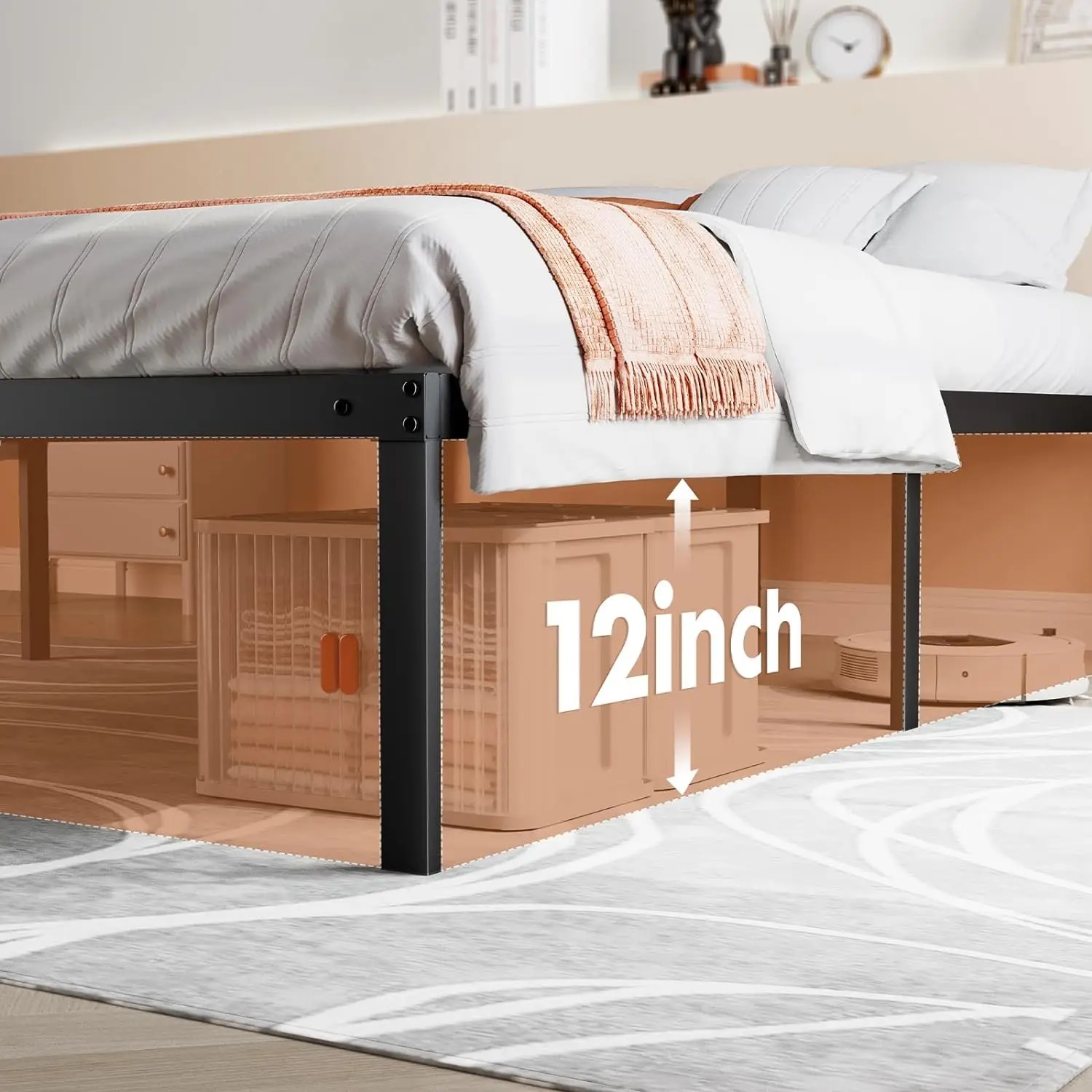 Cadres de lit Queen Size avec espace de rangement, cadre de chambre à coucher, plateforme en métal rapide, pas besoin de ressort box, 14 ans de haut